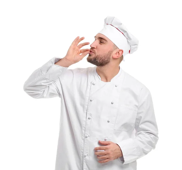 Pohledný Mužský Šéfkuchař Bílém Pozadí — Stock fotografie