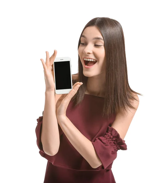 Happy Young Woman Mobile Phone White Background — Stock Photo, Image