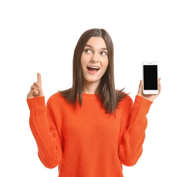 Beautiful Young Woman Mobile Phone Raised Index Finger White Background — Stock Photo, Image