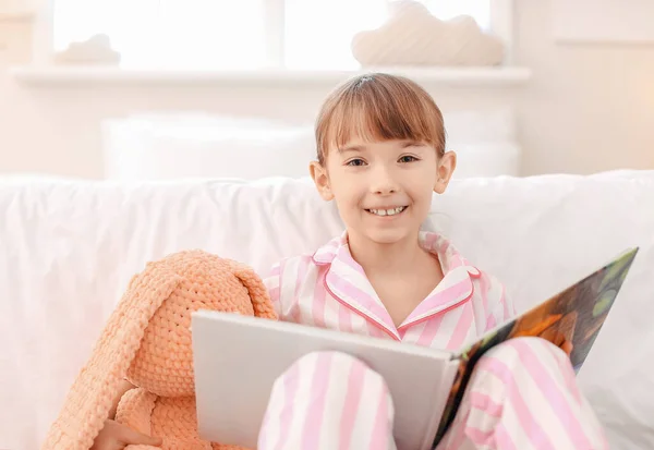 Cute Little Girl Reading Bedtime Story Home — Stock Photo, Image