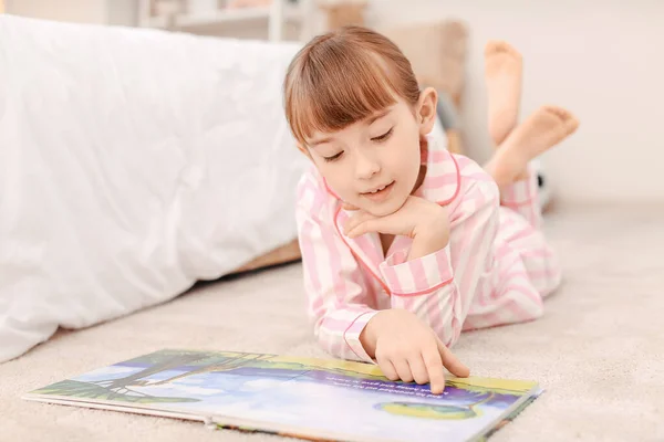 Cute Little Girl Reading Bedtime Story Home — Stock Photo, Image