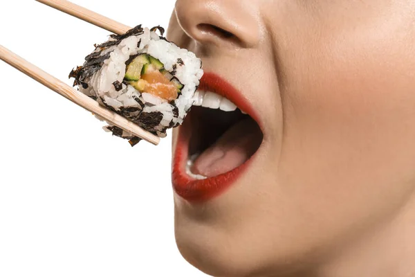 Beautiful Woman Eating Tasty Sushi White Background Closeup — Stock Photo, Image