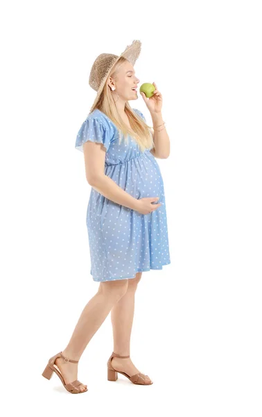 배경에 사과가 아름다운 임신부 — 스톡 사진