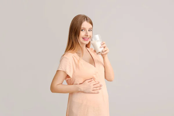 Beautiful Pregnant Woman Milk Light Background — Stock Photo, Image