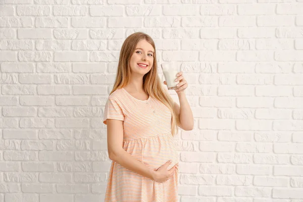 Beautiful Pregnant Woman Milk White Brick Background — Stock Photo, Image