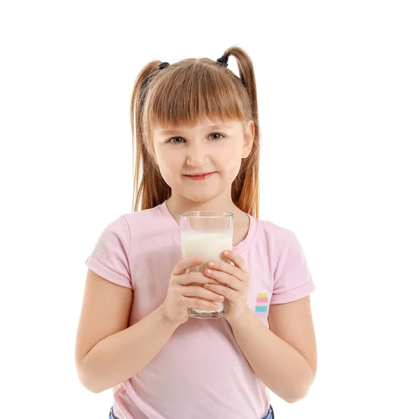 Little Girl Glass Milk White Background — Stock Photo, Image