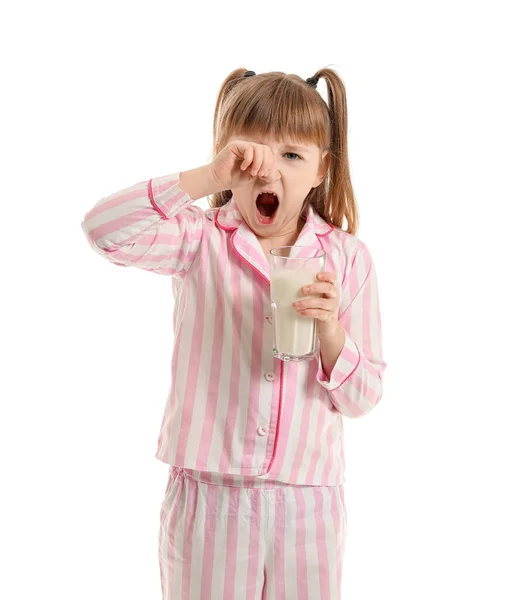 Sleepy Little Girl Glass Milk White Background — Stock Photo, Image