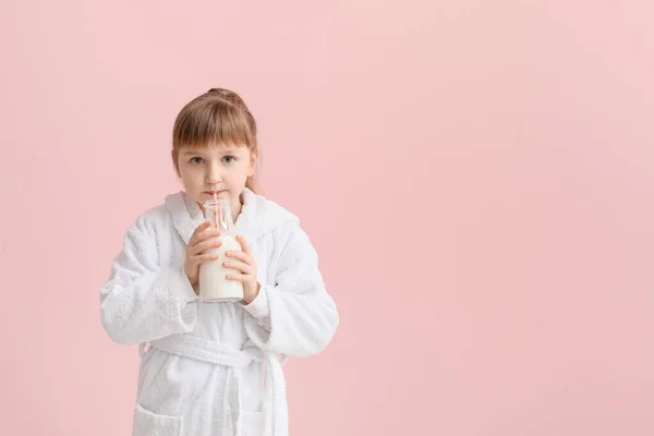 Little Girl Bottle Milk Color Background — Stock Photo, Image