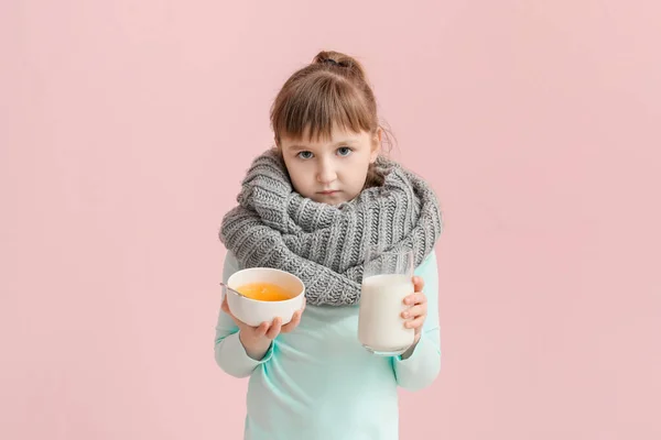 Little Girl Ill Flu Holding Glass Milk Bowl Honey Color — Stock Photo, Image
