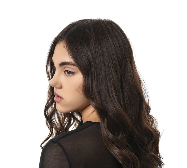 Junge Frau Mit Schönen Lockigen Haaren Auf Weißem Hintergrund — Stockfoto