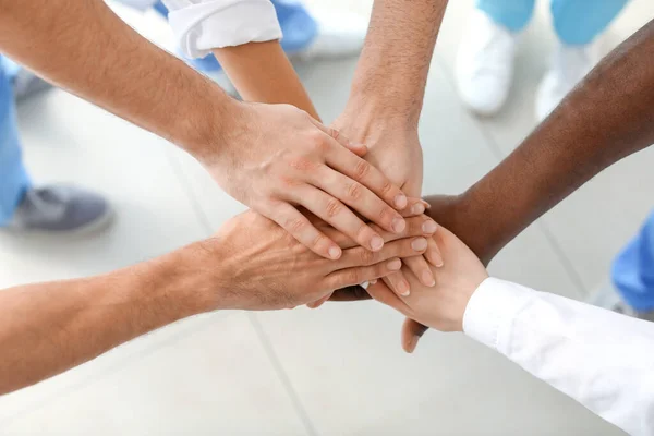 Group Doctors Putting Hands Together Clinic Unity Concept — Stock Photo, Image