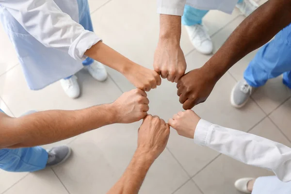 Group Doctors Putting Hands Together Clinic Top View Unity Concept — Stock Photo, Image