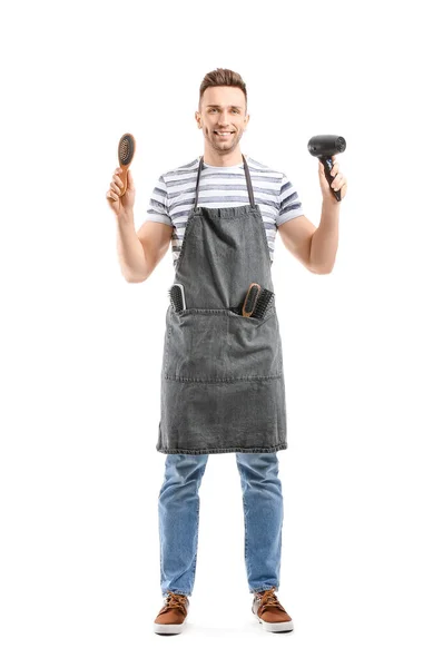 Retrato Cabeleireiro Masculino Sobre Fundo Branco — Fotografia de Stock