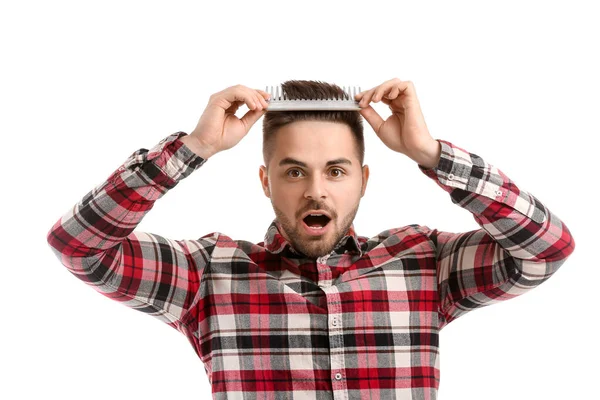 Handsome Young Man Combing Hair White Background — Stock Photo, Image