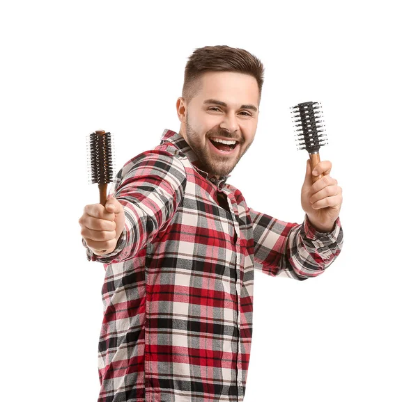 Handsome Young Man Hair Brushes White Background — Stock Photo, Image