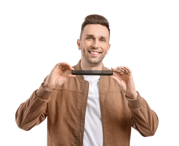 Handsome Young Man Comb White Background — Stock Photo, Image