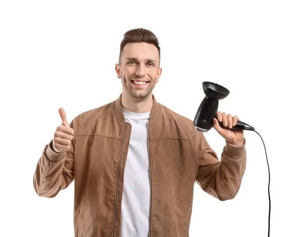 Handsome Young Man Hair Dryer White Background — Stock Photo, Image