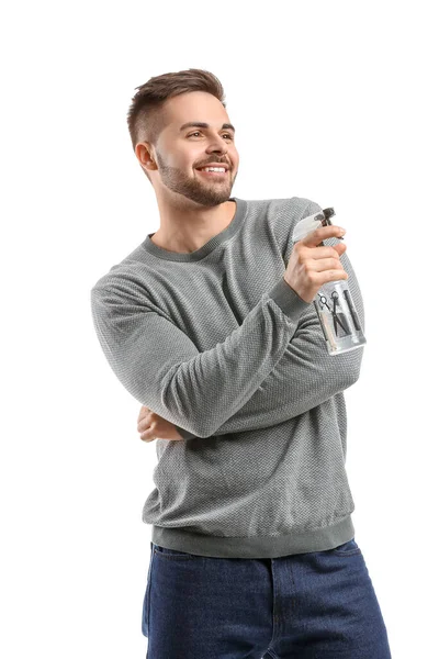 Handsome Young Man Hair Spray White Background — Stock Photo, Image