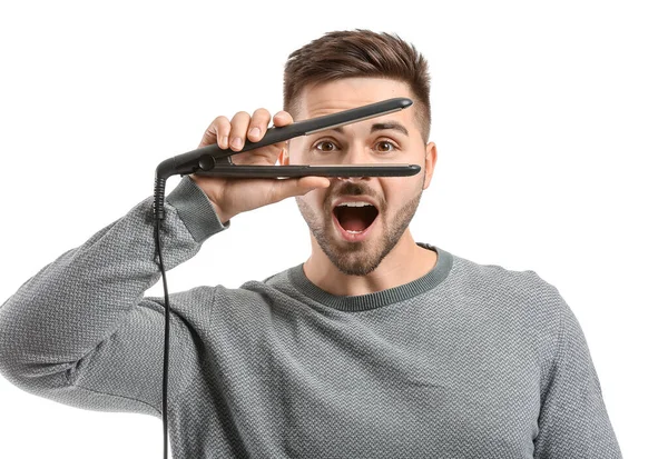 Joven Guapo Con Plancha Aplanadora Sobre Fondo Blanco — Foto de Stock