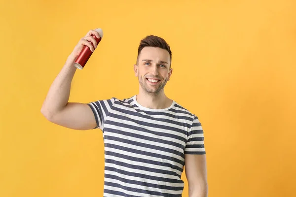 Handsome Young Man Hair Spray Color Background — Stock Photo, Image