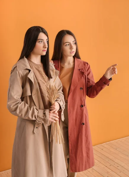 Mujeres Jóvenes Con Estilo Cerca Pared Color — Foto de Stock