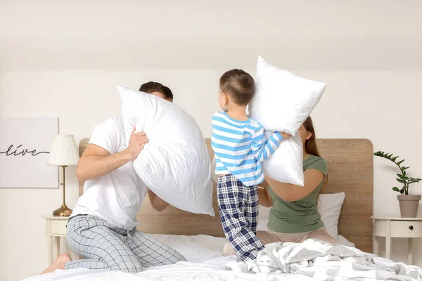 Pillow Fight Happy Family Bedroom Stock Picture