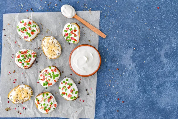 Tasty Baked Potato Sour Cream Color Background — Stock Photo, Image