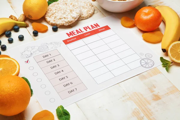 Healthy Products Meal Plan White Wooden Background — Stock Photo, Image