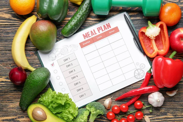 Gezonde Producten Maaltijd Plan Met Halter Houten Achtergrond — Stockfoto