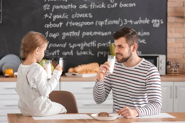 Father His Little Daughter Drinking Milk Cookies Kitchen — Stock Photo, Image
