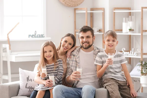 Happy Family Drinking Milk Home — Stock Photo, Image