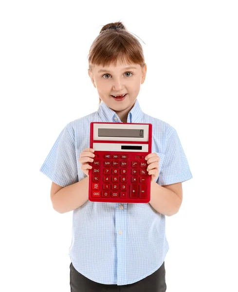 Bambina Con Calcolatrice Sfondo Bianco — Foto Stock