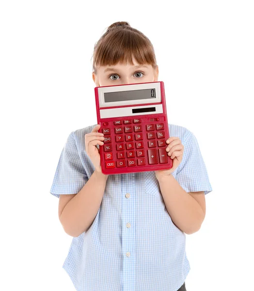 Little Girl Calculator White Background Stock Photo