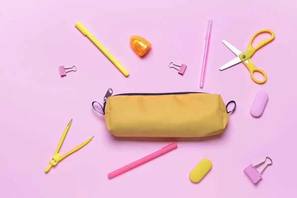 Pencil Bag Stationery Color Background — Stock Photo, Image