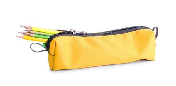 Pencil bag with stationery on white background