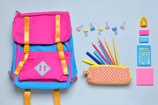School Backpack Stationery Light Background — Stock Photo, Image