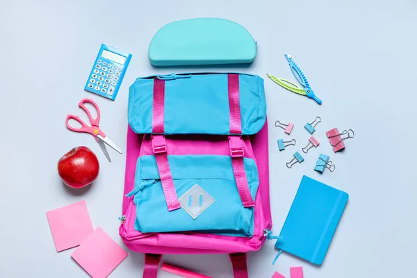 School Backpack Stationery Light Background — Stock Photo, Image