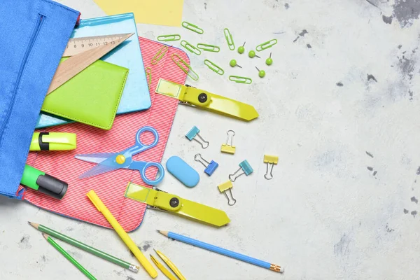 School Backpack Stationery Light Background — Stock Photo, Image