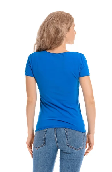 Frau Stylischen Shirt Auf Weißem Hintergrund — Stockfoto