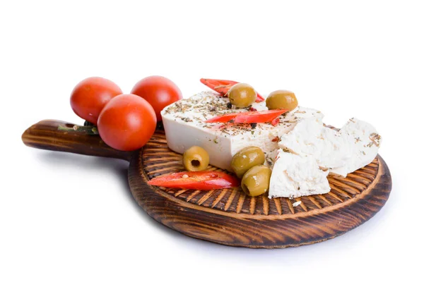 Tasty Feta Cheese Vegetables Olives Spices White Background — Stock Photo, Image