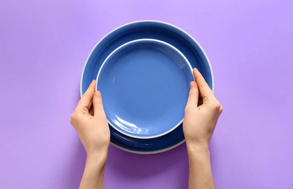 Woman Table Clean Plates Top View — Stock Photo, Image