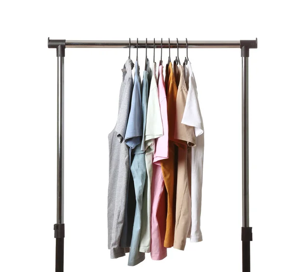 Rack Modern Clothes White Background — Stock Photo, Image