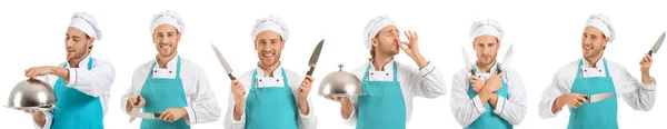 Set Met Knappe Mannelijke Chef Kok Witte Achtergrond — Stockfoto