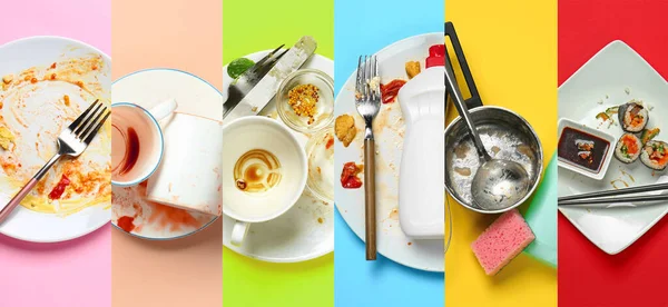 Set Dirty Dishware Color Background — Stock Photo, Image