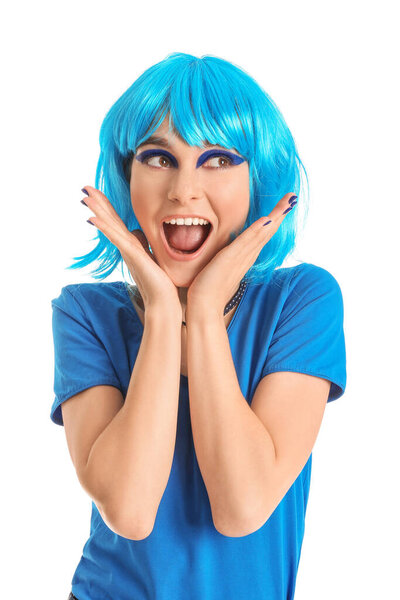 Portrait of fashionable young woman on white background