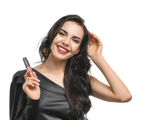 Mujer Joven Con Brillo Labios Sobre Fondo Blanco —  Fotos de Stock