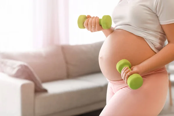 Sporty Pregnant Woman Dumbbells Home — Stock Photo, Image