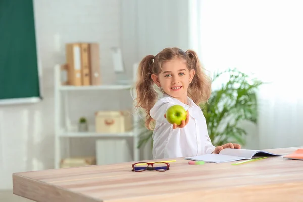 Cute Little Schoolgirl Apple Desk Classroom — Stock Photo, Image