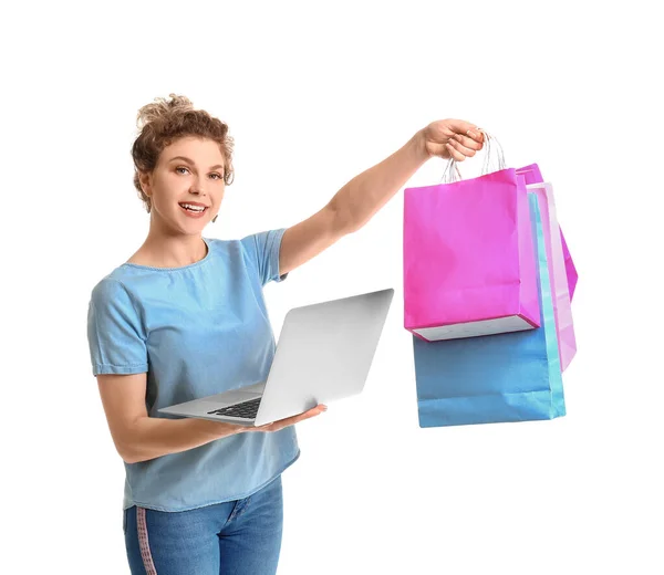 Beautiful Young Woman Laptop Shopping Bags White Background — Stock Photo, Image