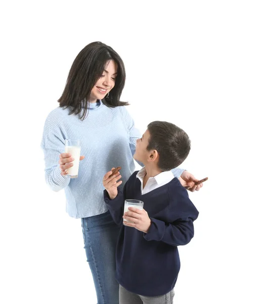 Mother Her Little Son Drinking Milk Cookies White Background — Stock Photo, Image